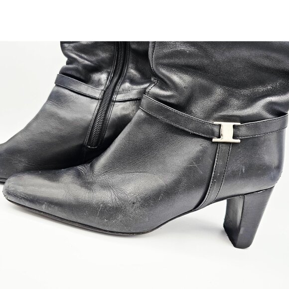 Women’s Black Leather Upper Knee-High Boots Size 8.5M Block Heel Side Zip - Picture 3 of 12